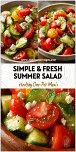 Bowl of cucumber tomato feta salad topped with olive oil, a bright fresh salad recipe for summer days